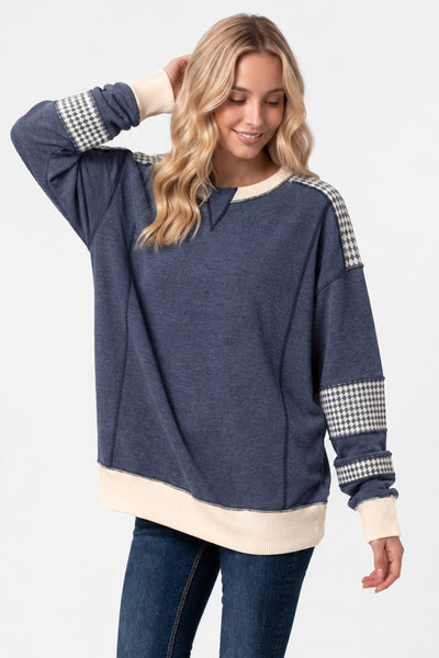 Navy Houndstooth Knit Top
