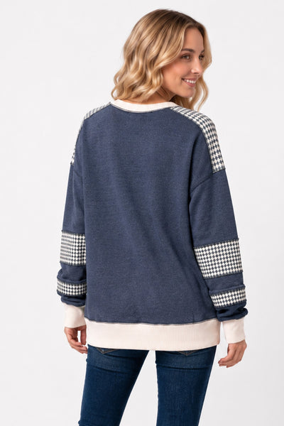 Navy Houndstooth Knit Top