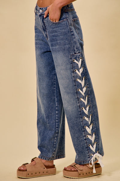 Mid Rise Lace Up Ribbon Jeans