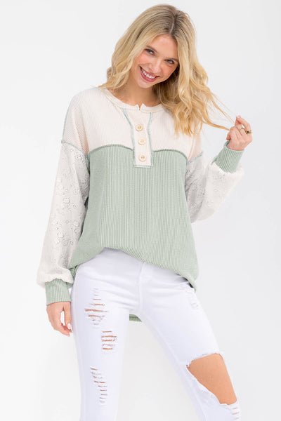 Sage Two Tone Ribbed Lace Detail Top