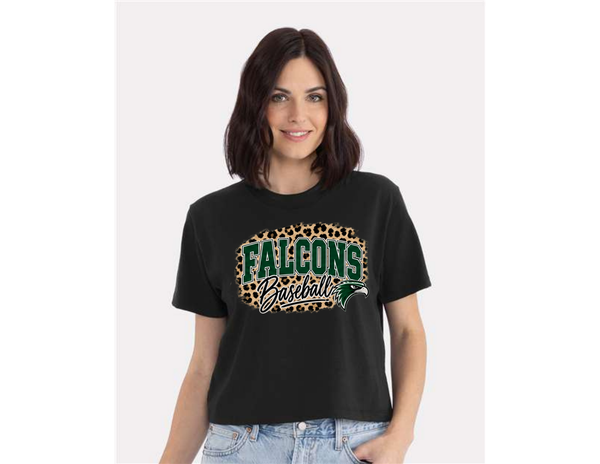 Next Level Women's Boxy Tee- Falcons Baseball Leopard Mix