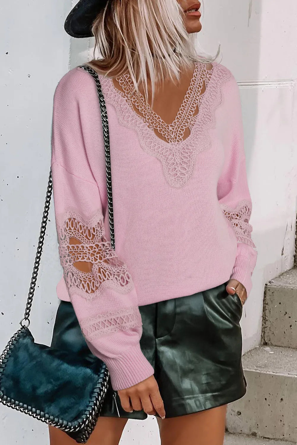 Pink Hollowed Lace Sweater Top