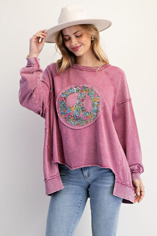 Mauve Floral Peace Terry Pullover