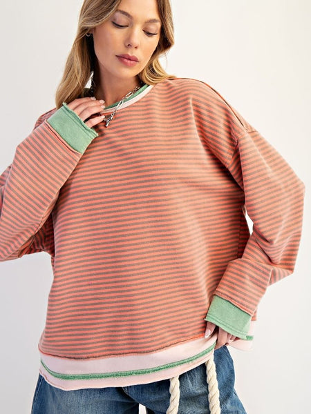 Coral Gray Striped Wash Terry Pullover