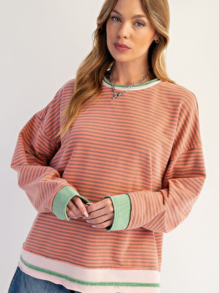 Coral Gray Striped Wash Terry Pullover