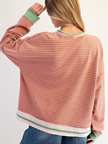 Coral Gray Striped Wash Terry Pullover