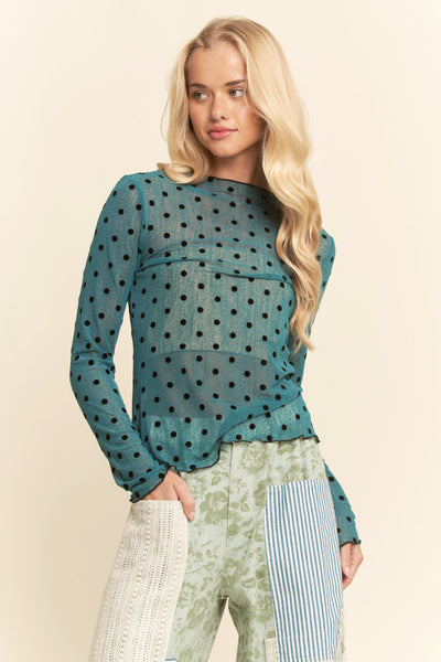 Teal Polka Dotted Mesh Top