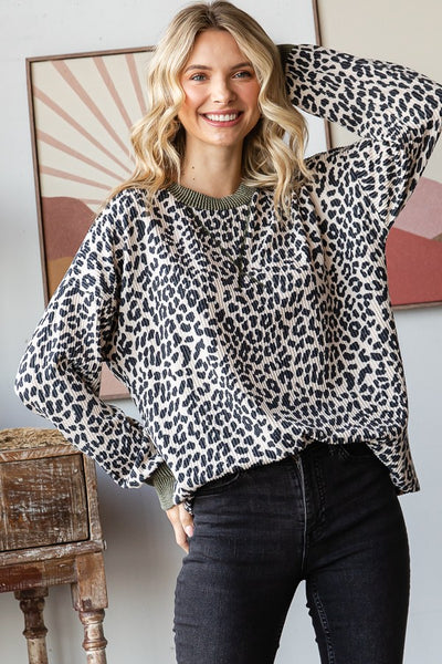 Cream & Olive Leopard Print Ribbed Top