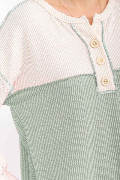 Sage Two Tone Ribbed Lace Detail Top