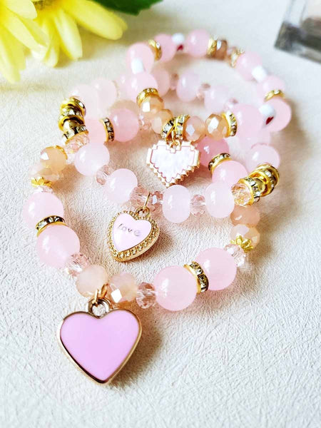 Pink Heart Beaded Charm Bracelet