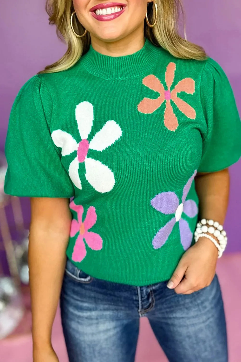 Green Floral Mock Neck Sweater