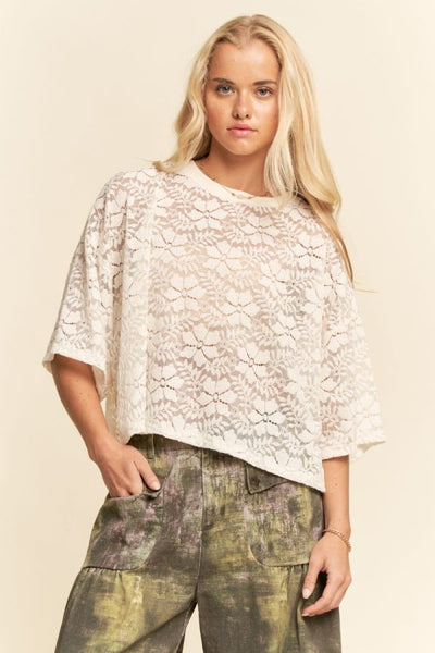 Cream Floral Boxy Lace Knit Top
