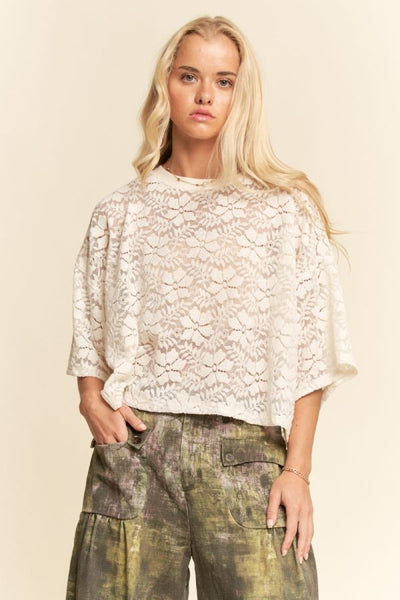 Cream Floral Boxy Lace Knit Top