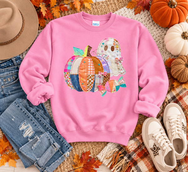 Pink Faux Print Patchwork Halloween Sweatshirt
