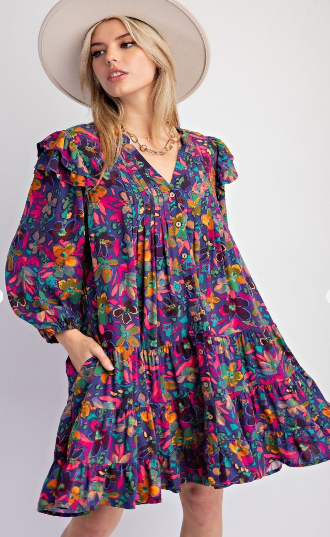 Paris Blue Floral Ruffle Dress