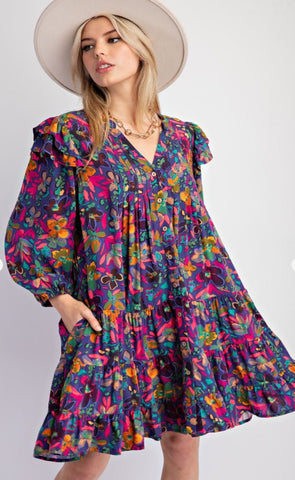 Paris Blue Floral Ruffle Dress