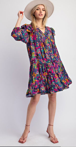 Paris Blue Floral Ruffle Dress