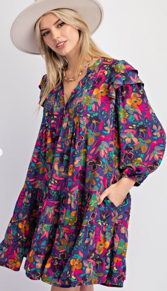 Paris Blue Floral Ruffle Dress