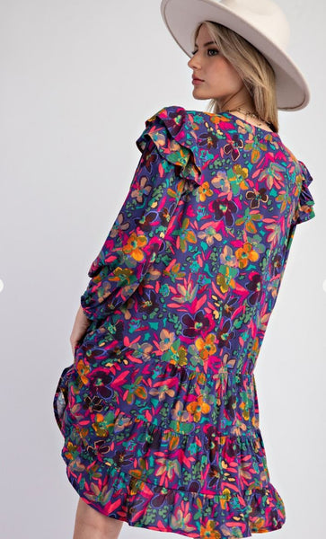 Paris Blue Floral Ruffle Dress