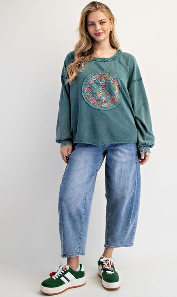 Teal Green Floral Peace Terry Pullover