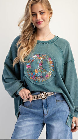 Teal Green Floral Peace Terry Pullover