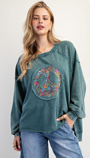 Teal Green Floral Peace Terry Pullover