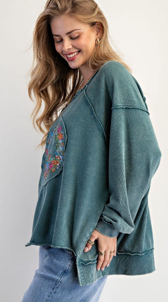 Teal Green Floral Peace Terry Pullover