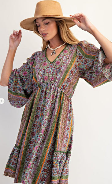 Granite Green & Purple Mix Boho Dress