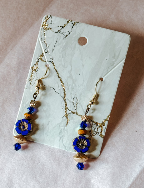 Blue & Gold Flower Drop Earrings