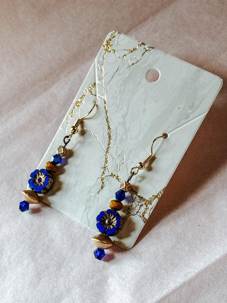 Blue & Gold Flower Drop Earrings