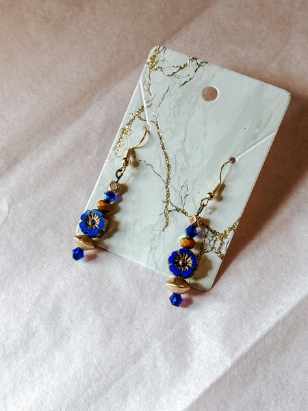 Blue & Gold Flower Drop Earrings