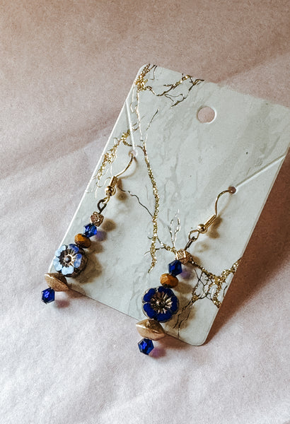 Blue & Gold Flower Drop Earrings