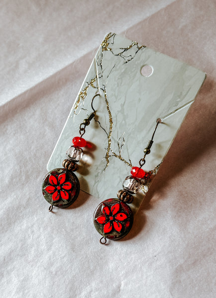 Red Floral Boho Earrings