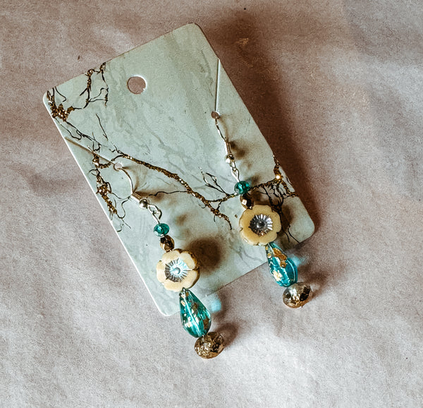 Cream & Blues Floral Drop Earrings