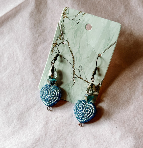 Blue Czech Heart Earrings