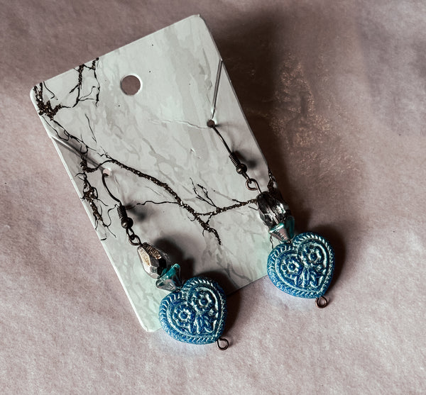 Blue Czech Heart Earrings