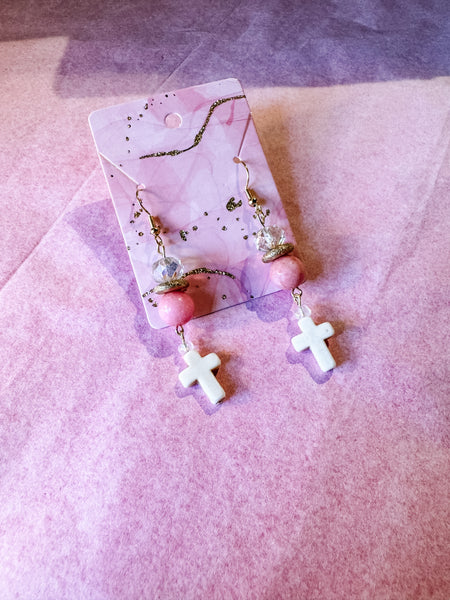 Pink & White Howlite Cross Earrings