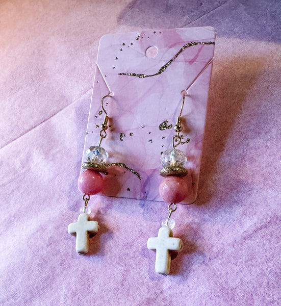 Pink & White Howlite Cross Earrings