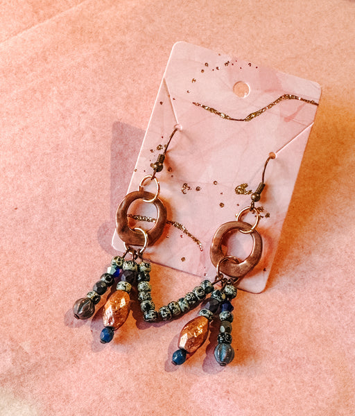Copper & Green Blue Speckled Tassel Earrings