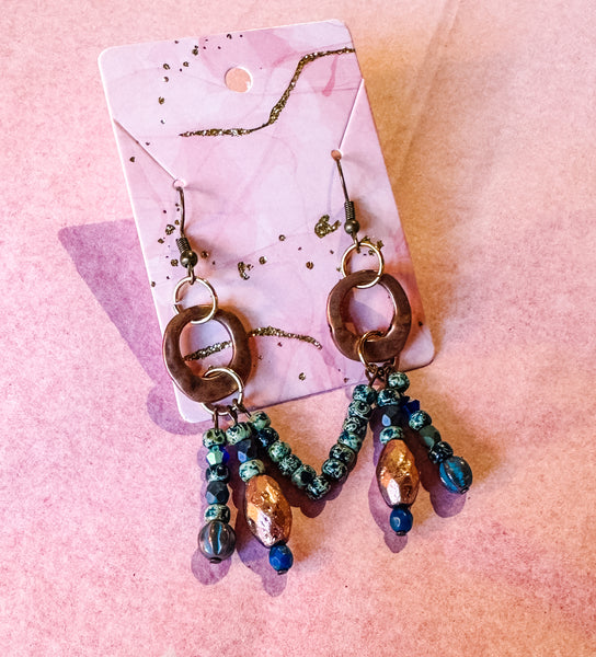 Copper & Green Blue Speckled Tassel Earrings