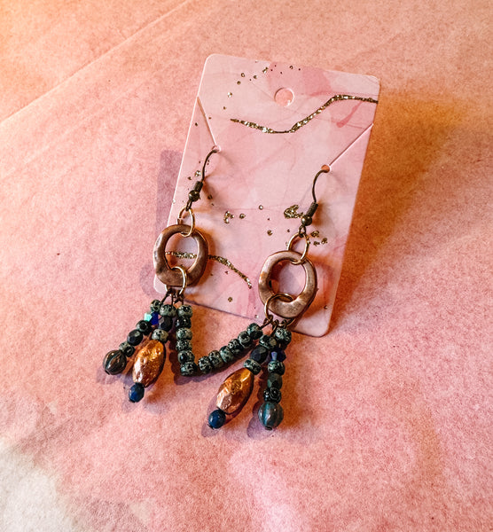 Copper & Green Blue Speckled Tassel Earrings