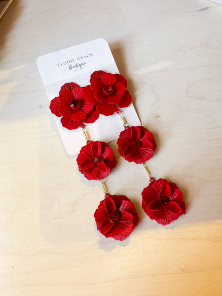 Red Triple Flower Dangle Earrings