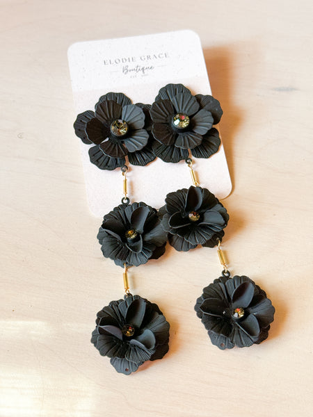 Black Triple Flower Dangle Earrings