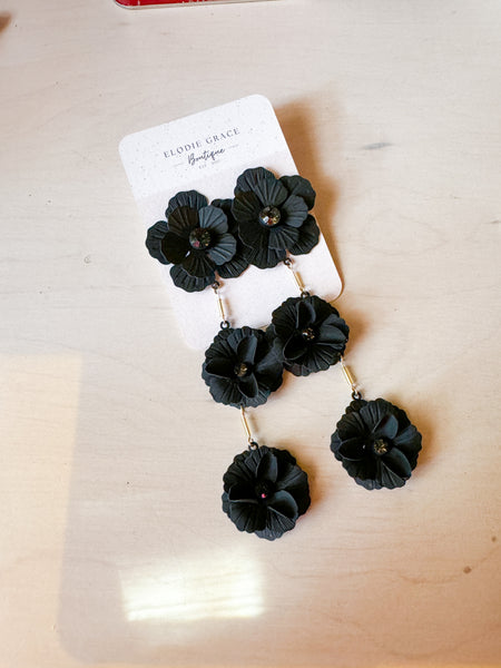 Black Triple Flower Dangle Earrings