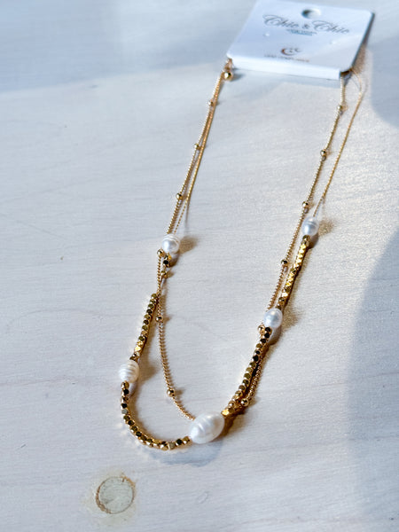 Gold Pearl Beaded Layered Necklace