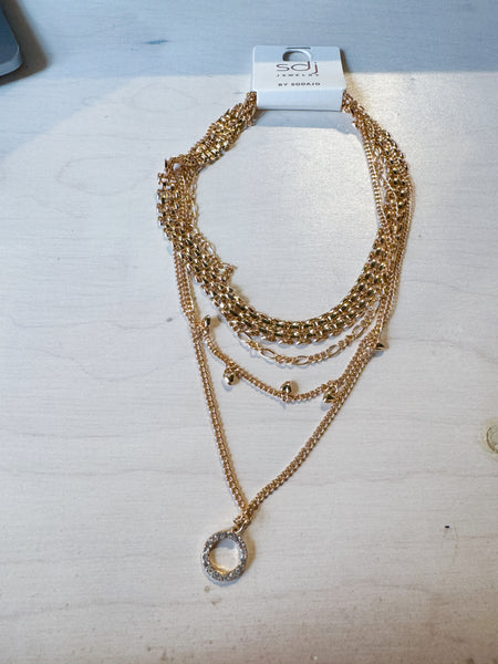 Gold Rhinestone Circle Heart Charm Necklace