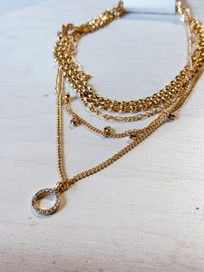 Gold Rhinestone Circle Heart Charm Necklace