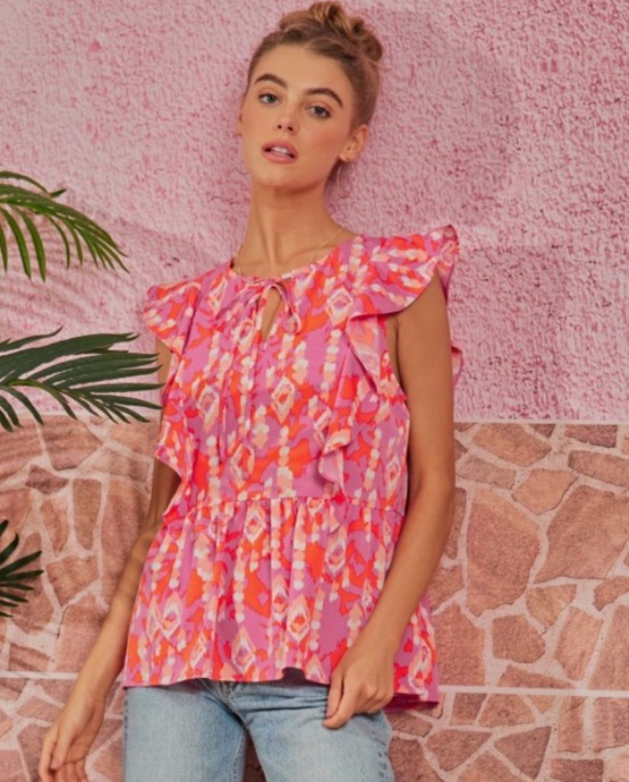 Pink & Orange Abstract Ruffle Blouse