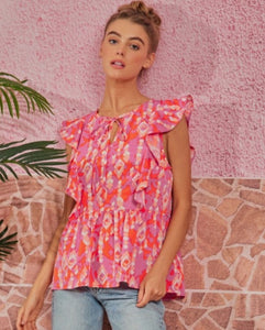 Pink & Orange Abstract Ruffle Blouse