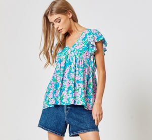 Blue Floral Ruffle Blouse